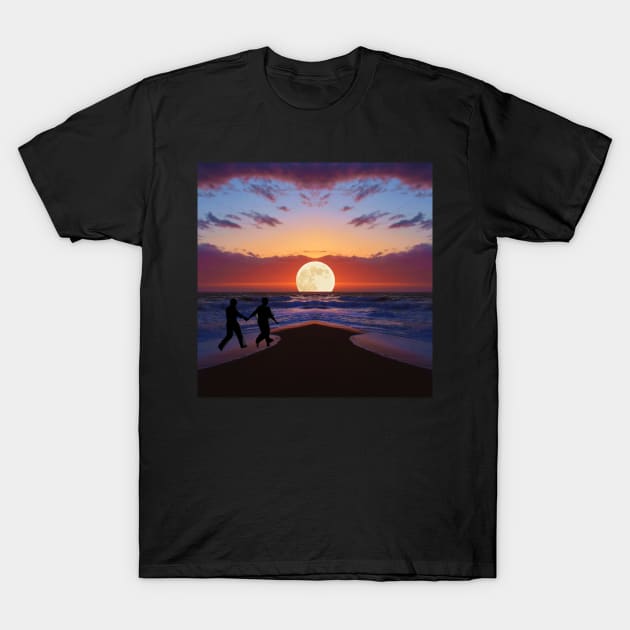 Valentine Wall Art - Cosmic date setting moon by the sea - Unique Valentine Fantasy Planet Landsape - Photo print, canvas, artboard print, Canvas Print and T shirt T-Shirt by DigillusionStudio